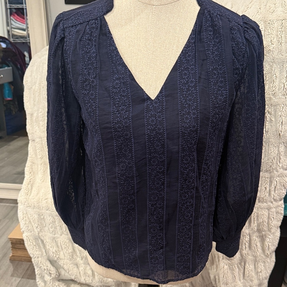 Ann Taylor Deep Blue Blouse with Textured Stripes